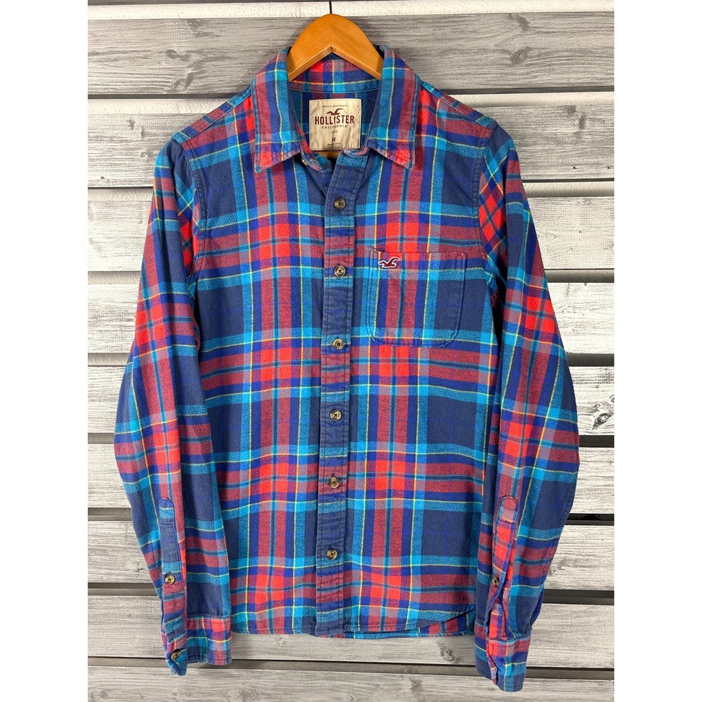 Vtg y2k Hollister Mens Blue Red Plaid Flannel Button Down Shirt M Seagull Logo